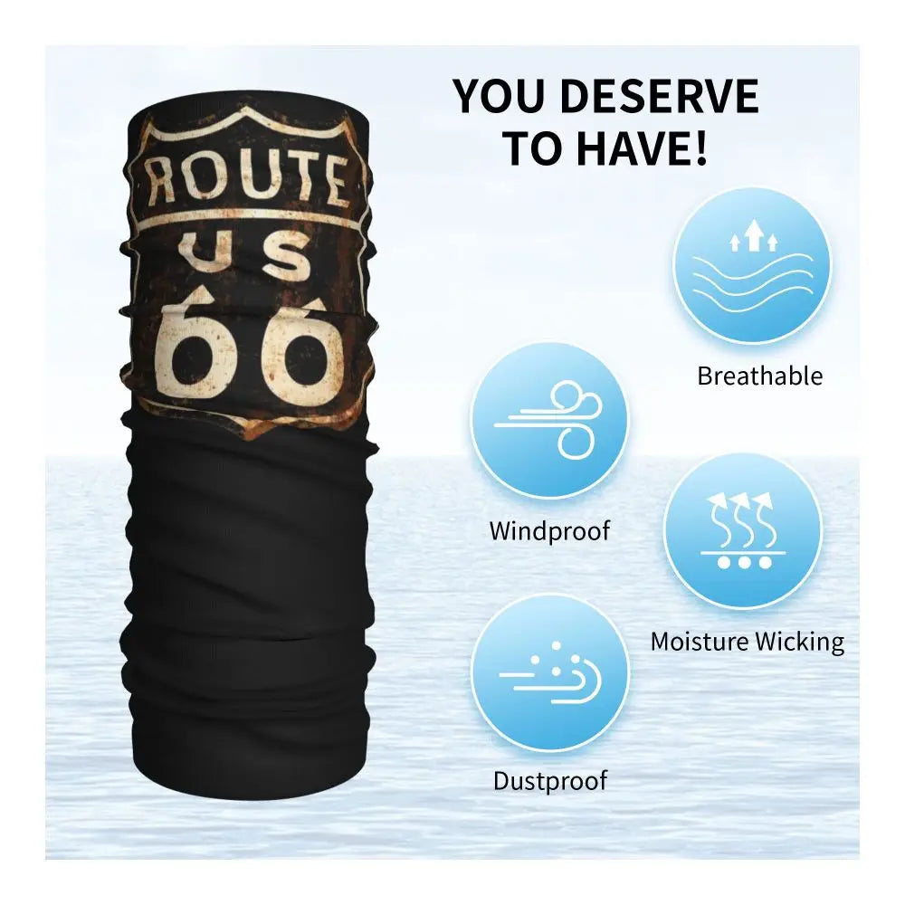 Custom Travel Motorcycle Ride Route 66 Bandana Winter Neck Warmer Windproof Wrap Face Scarf for Hiking Highways Gaiter Headband