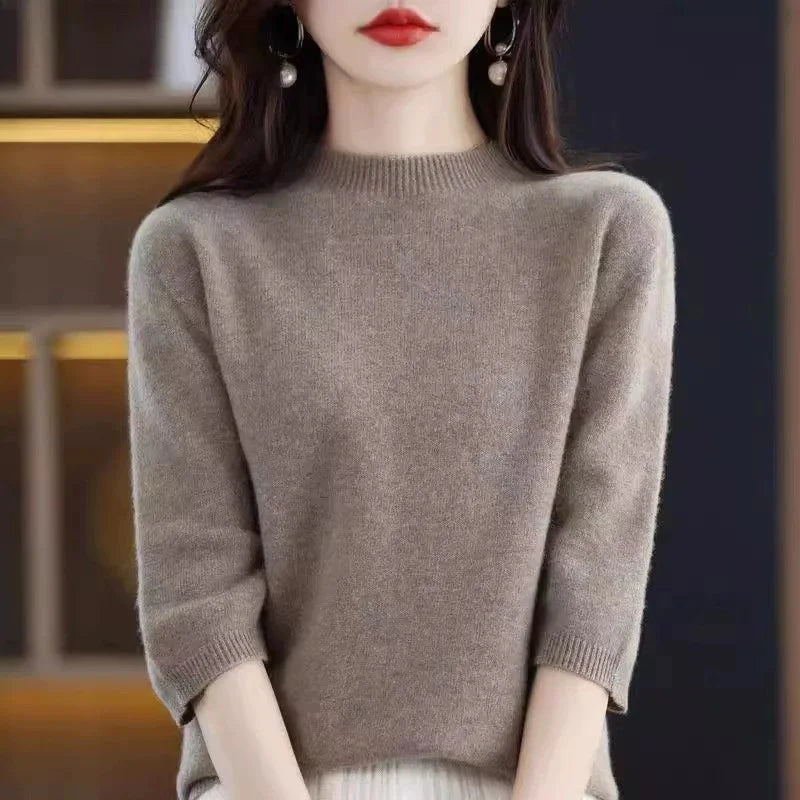 2026 New Soft Short Sleeve Women's Half High Neck Overhead Wool Blend Simple Loose Thin Seven Sleeve Woolen Sweater