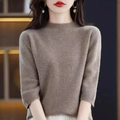 2026 New Soft Short Sleeve Women's Half High Neck Overhead Wool Blend Simple Loose Thin Seven Sleeve Woolen Sweater