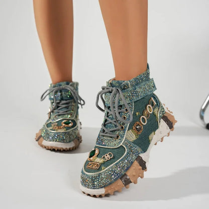 Luxury Rhinestone Casual Women's Sneakers High Top Thick Bottom Loafers 2026 Fashion Comfort Lace Up Women Shoes Tênis Feminino