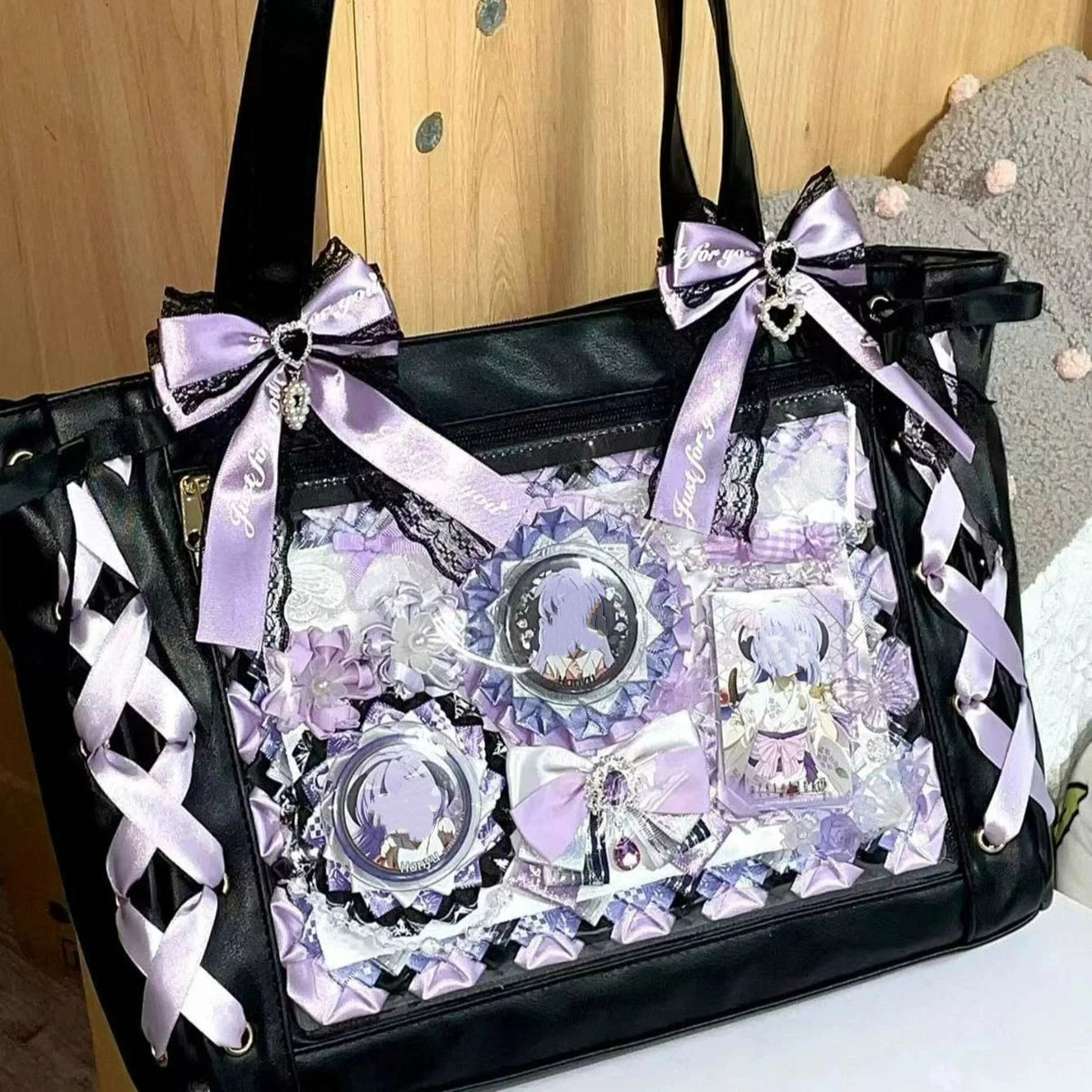 New Ribbon Cute Handbag for Women Large Capacity Transparent DIY Badge One-shoulder Tote Bag Japanese Sweet Girl Ulzzang Ita Bag