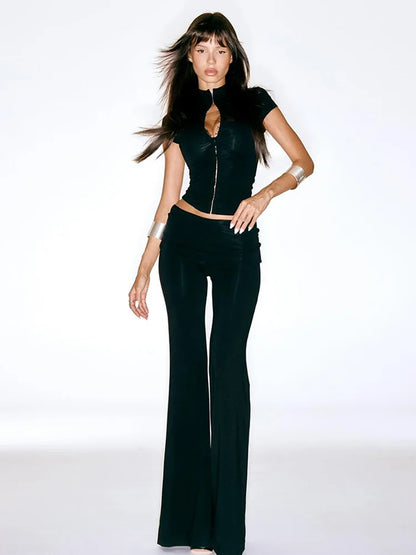 Ahagaga Sexy Women's Sets Short Sleeves Hollow Out Skinny Zipper Basic 2Pcs (Tops+Long Pants) High Street Turtleneck Reacksuits