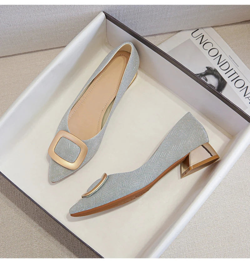 Womens Light Blue Glitter Pointed Toe Block Heel Pumps With Gold Square Buckle Detail Metallic Heel Elegant Dress Shoes Ladies