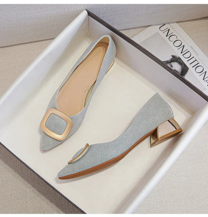 Womens Light Blue Glitter Pointed Toe Block Heel Pumps With Gold Square Buckle Detail Metallic Heel Elegant Dress Shoes Ladies