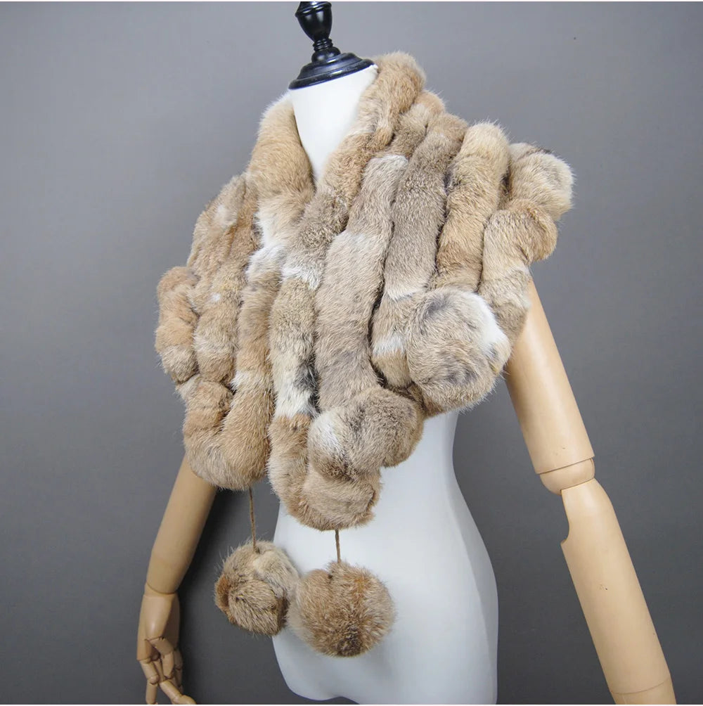 New Lady Winter Real Rabbit Fur Scarf Natural Warm Soft Rabbit Fur Shawl Women Fashion Outdoor Knit 100% Real Rabbit Fur Scarves