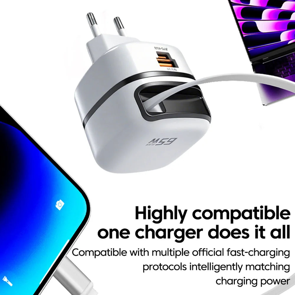 HAPPORIA 65W USB C Fast Charger Retractable Cable 3 Port Travel Adapter Foldable Plug PD Charger for iPhone 15 16 17 Samsung