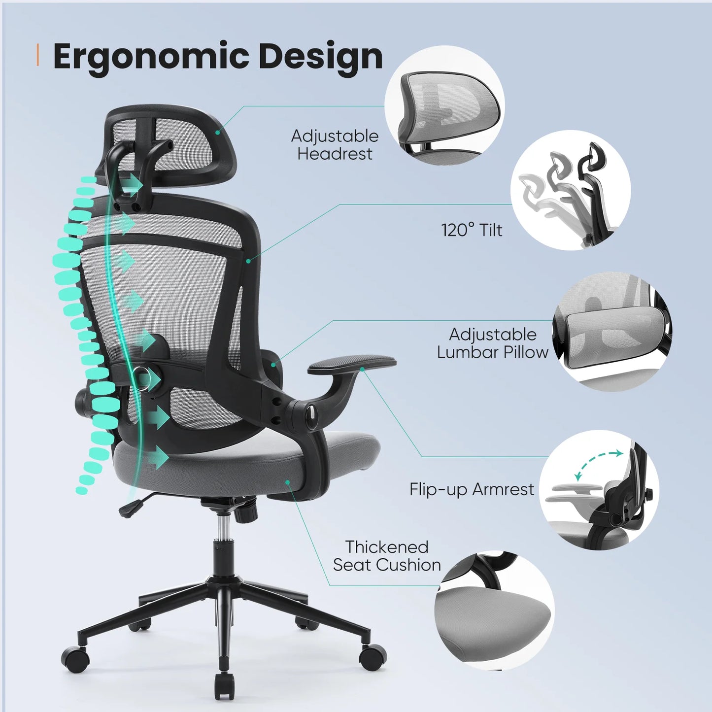 MCQ Office Computer Gaming Chair Ergonomic Flip Armrest Adjustable Headrests and Lumbar Support Mesh Chair For Office Home  ﻿