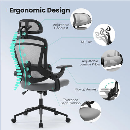 MCQ Office Computer Gaming Chair Ergonomic Flip Armrest Adjustable Headrests and Lumbar Support Mesh Chair For Office Home  ﻿