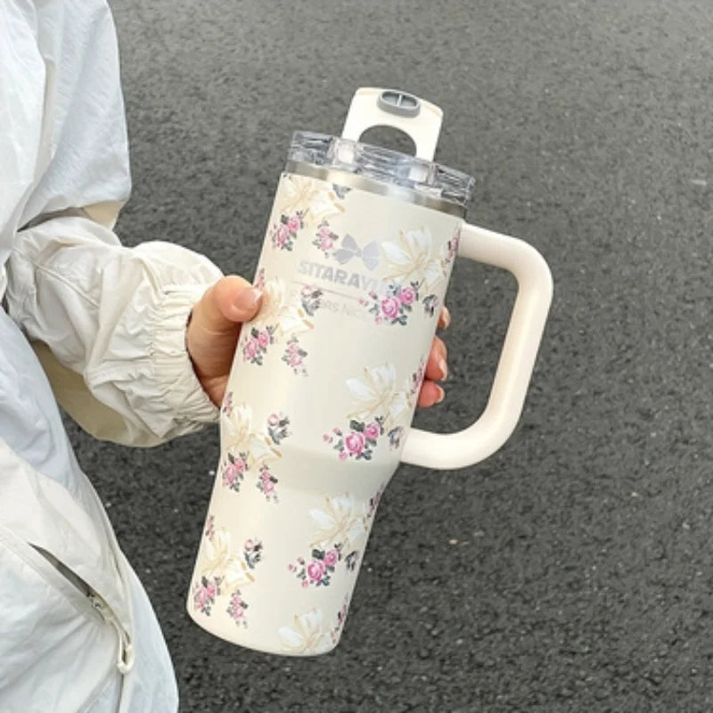 1pc 900ml Floral Print Stainless Steel Vacuum Insulated Tumbler with Straw,  Ice Cold Retention Cup,Birthday Gift for Women