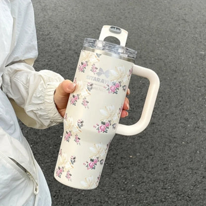 1pc 900ml Floral Print Stainless Steel Vacuum Insulated Tumbler with Straw,  Ice Cold Retention Cup,Birthday Gift for Women