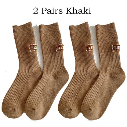 2 Pairs Cashmere Socks Winter Women Warm Wool Thickened Mid-Tube Trendy Heel Furry Label Letter Solid Color Snow Boot Socks New