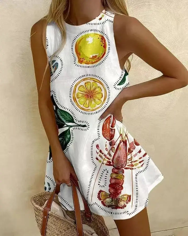 Women Sleeveless Dress Cute Sardines Fish Graphic Print Summer New Short Dress Beach Vacation Party Girl Skirts Dress