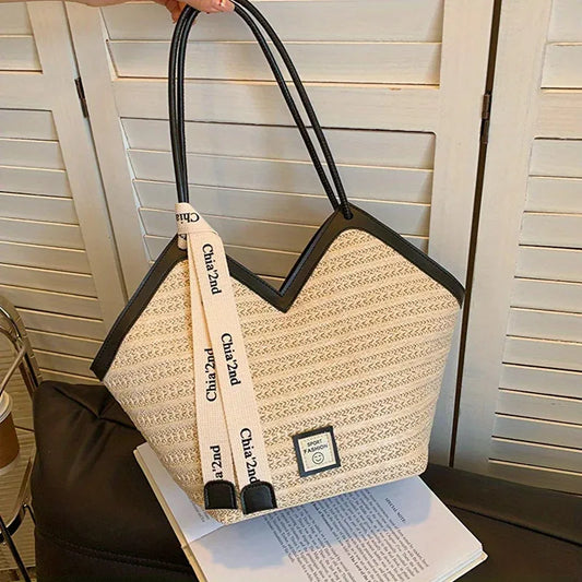 Chic Straw Woven Beach Tote Bag for Women Lightweight Woven Handbag Shoulder Bag Perfect for Summer Vacations, Pool Days, Travel