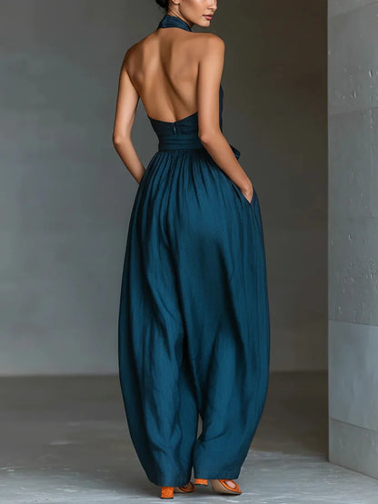 Chic High Waist Tie-up Wide Leg Pants Jumpsuit Women Sexy Criss Cross Halter Backless Zips Romper Summer Solid Office Overalls