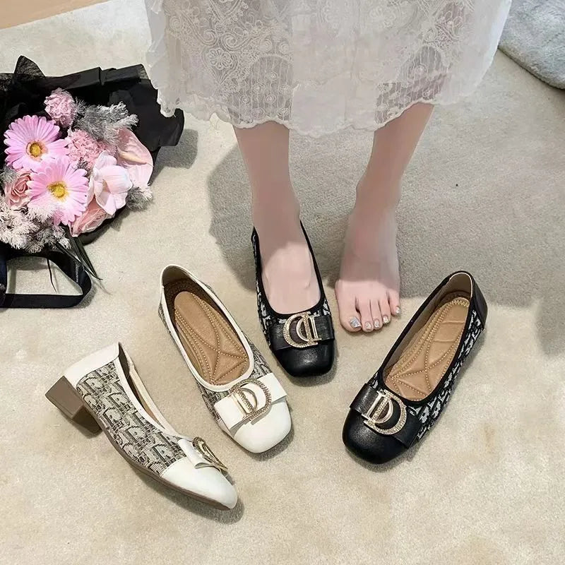 Soft Bottom Women Bean Metal Single Shoes Fashionable Versatile Shallow Mouth Retro Square Head Flat Bottom Coarse Women's Shoes