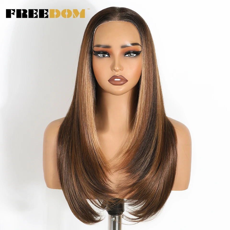 FREEDOM 9x6 Pre Plucked Synthetic Lace Front Wigs For Women Straight Layerd Wig 24" Ombre Blonde Wear And Go Glueless Lace Wigs