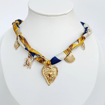 Women’s Fashion Scarf Necklace with Large Stainless Steel Heart Pendant Stackable Bandana Jewelry