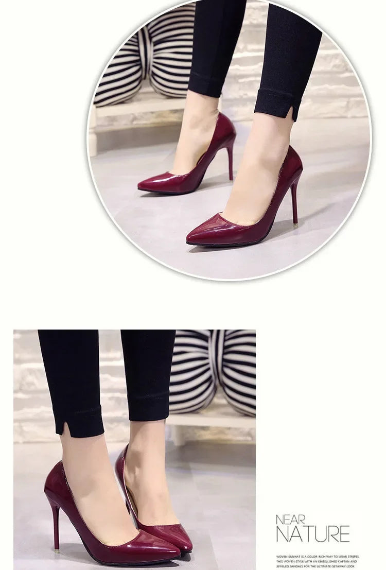 Nude Pumps for Women High Heel Shoes Female Fashion Patent Leather Sexy Pointed Toe Thin Heel Wedding Shoes Plus Size 34-44