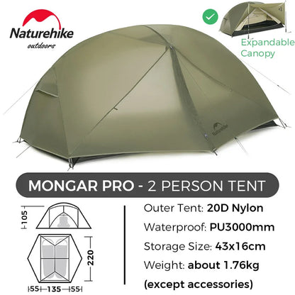 Naturehike Mongar 2 UL/PRO 1-2 Person Backpacking Tent Nylon Waterproof Ultralight Travel Trekking Shelter Tent with Footprint