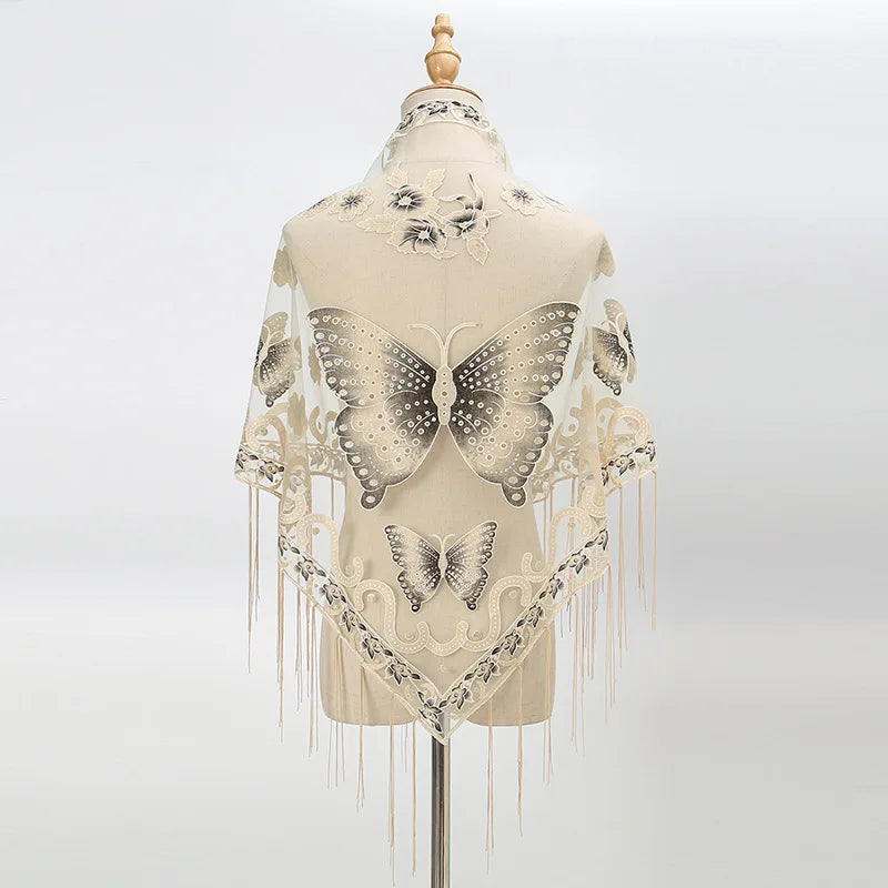New Women Lace Tassel Triangular Scarf Solid Hollow-out Butterfly Embroidery Scarves Soft Lady Shawl Foulard Party Wrap Shawls