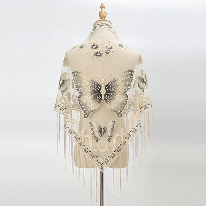 New Women Lace Tassel Triangular Scarf Solid Hollow-out Butterfly Embroidery Scarves Soft Lady Shawl Foulard Party Wrap Shawls