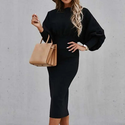 Women Autumn Dress Crew Neck Elegant Lantern Sleeve High Waist Women Bodycorn Dress Autumn Winter Office Ladies Midi Dress