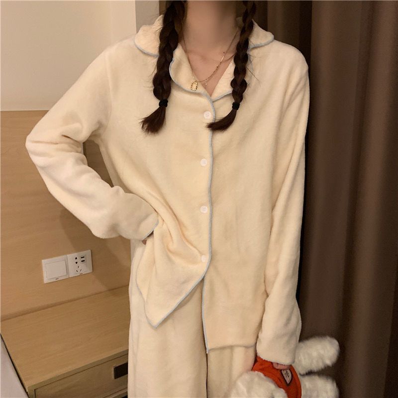 Flannel Women's Pajamas Sets Casual Autumn Winter Sleepwear Velvet Pyjama Ladies Cardigan Simple Bedroom Soft Warm Home Clothes