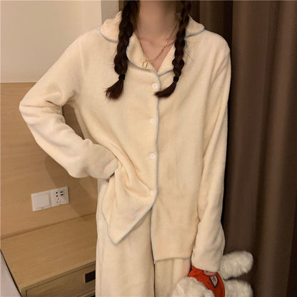 Flannel Women's Pajamas Sets Casual Autumn Winter Sleepwear Velvet Pyjama Ladies Cardigan Simple Bedroom Soft Warm Home Clothes