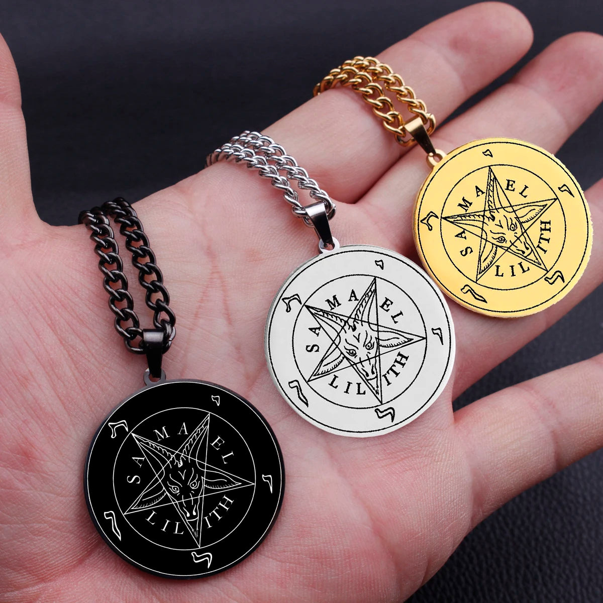 HLSS066 Evil Satanic symbols vectors Royalty Pentagram Baphomet Goat Head Black Star Talisman Stainless Steel Pendant Necklace