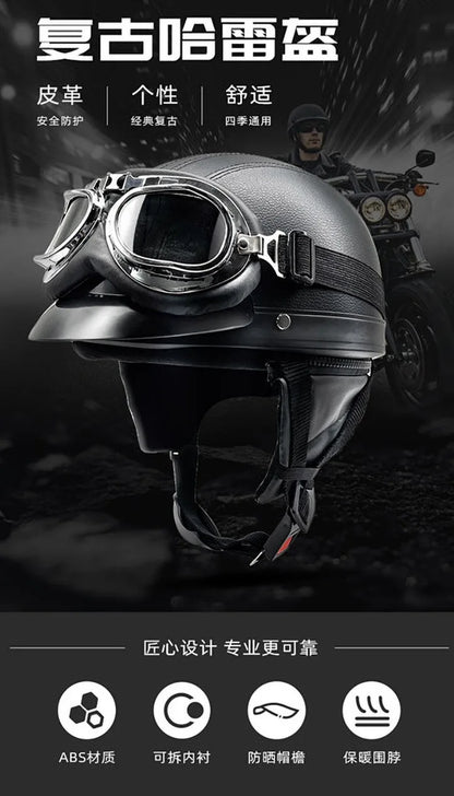 Retro Leather Motorcycle Helmets For Men Women Vintage Moto Half Helmet With Goggles Four Seasons Riding Scooter Capacetes