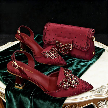 2026 INS Italian Design Olive Green rhinestone Pointed-Toe Women's High Heels & Matching Bag Set - Ideal for Parties & Weddings