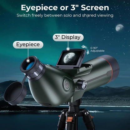 Spotting Scope Monocular Telescope with Camera 4K Video 30MP Photo 3in Display for Moon Star Bird Watching with Tripod 32GB Card