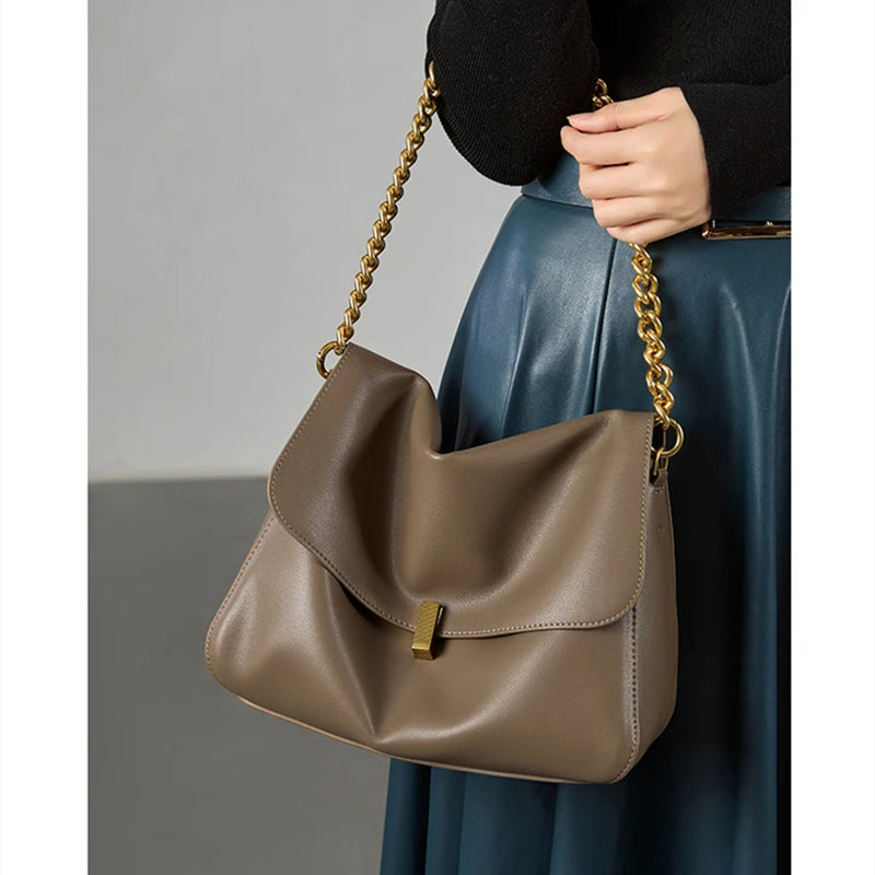 Toptrends Genuine Leather Large Chain Shoulder For Women 2026 Luxury Designer Office Messenger Bags Satchel Cow Ladies Handbags