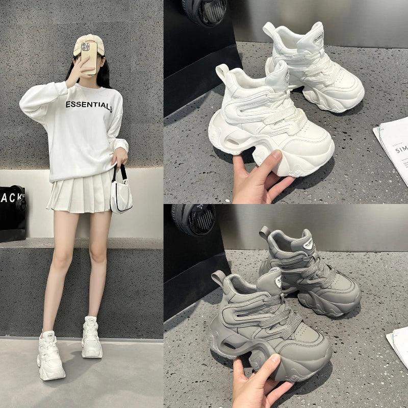 Chunky Platform Hidden Height Increasing Sneakers Casual Lace Up Shoes In White And Grey With Hollow Out Design For Streetwear