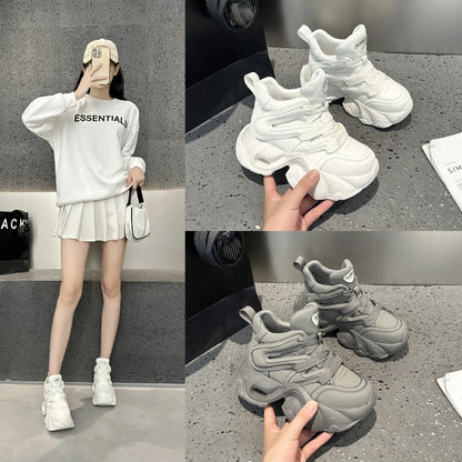 Chunky Platform Hidden Height Increasing Sneakers Casual Lace Up Shoes In White And Grey With Hollow Out Design For Streetwear