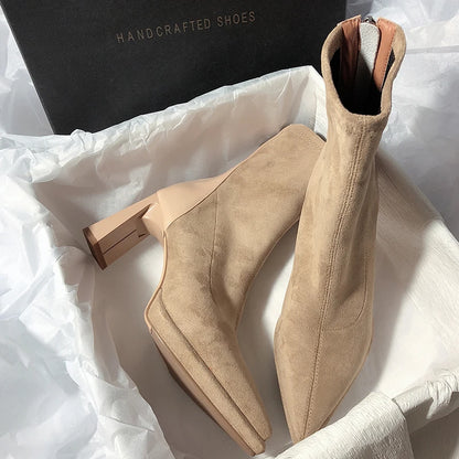 Square High Heel Women Ankle Boots Fashion Zippers Shoes Retro Style Autumn Winter Pointed Toe Ladies Dancing Party Prom Shoes