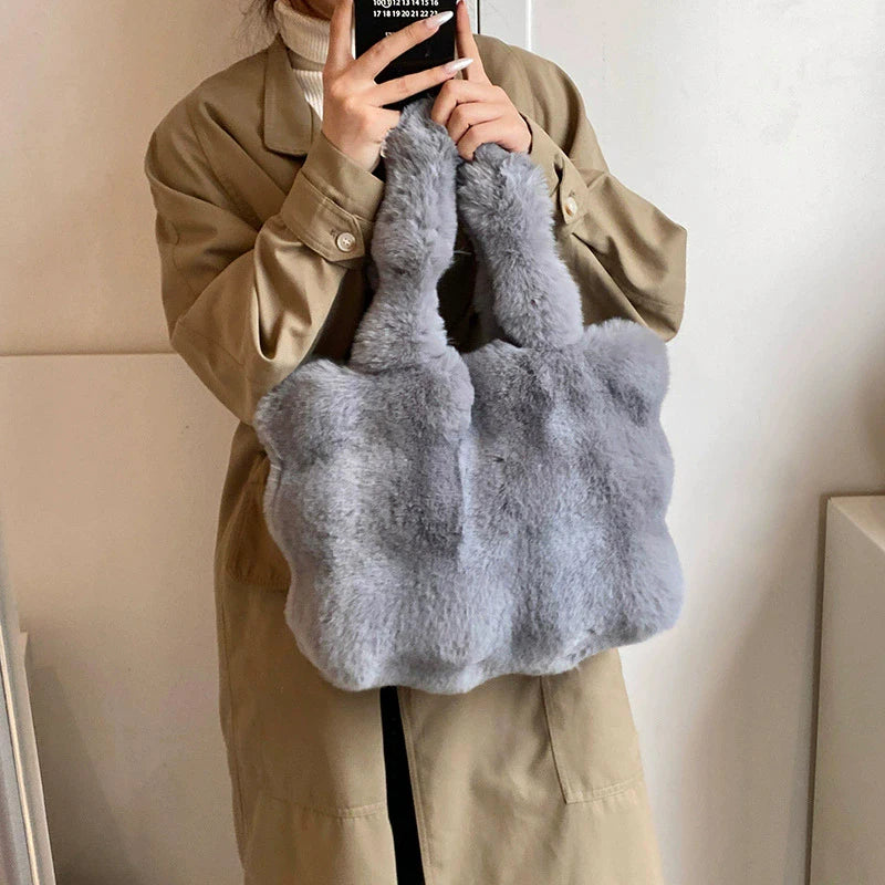 Women's Fluffy Plush Shoulder Bag Autumn Winter Top-Handle Solid Color Tote Versatile Commuter Handbag for Girls