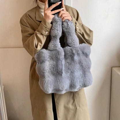 Women's Fluffy Plush Shoulder Bag Autumn Winter Top-Handle Solid Color Tote Versatile Commuter Handbag for Girls