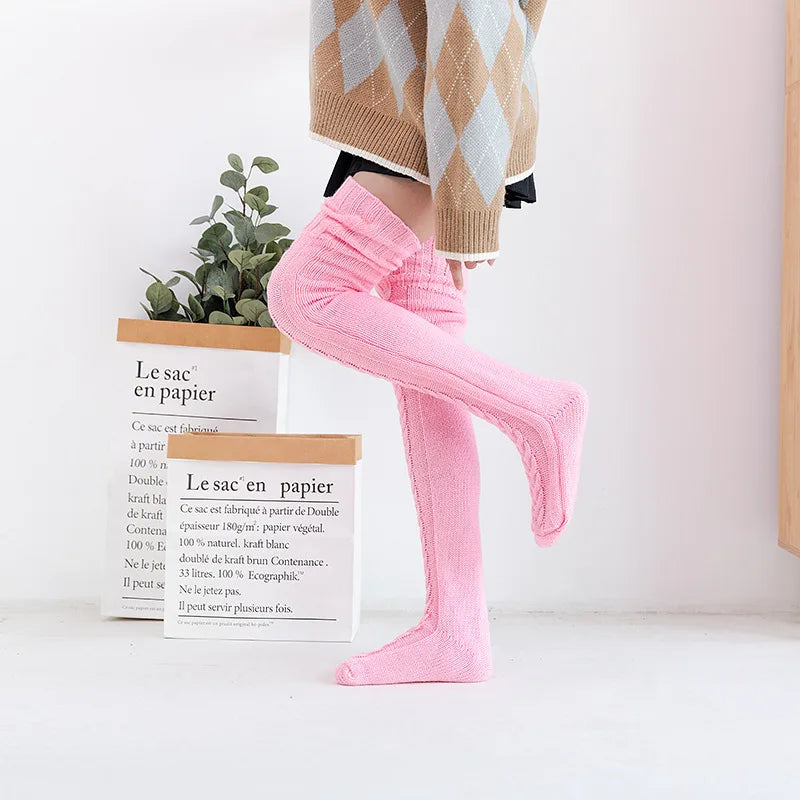 Women Winter Warm Breathable Long Johns Mohair Knee Length Knitted Wool Stretch High Sockings Femboy Leg Warmers Kawaii Clothes