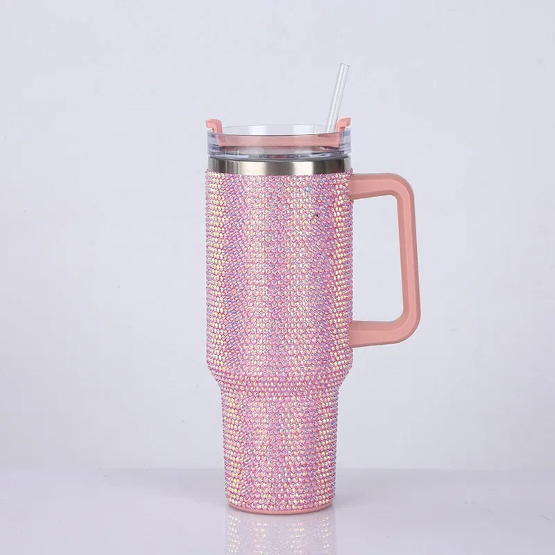 40oz Rhinestone Tumbler Stainless Steel Straw Women Cup Shiny Diamond Travel Car Thermoses Coffee Mug Water Bottle Drinkware
