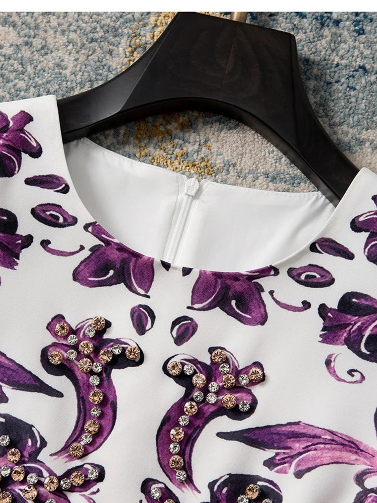 Women Purple Blue and White Porcelain Print Dress Beaded Short Sleeve Loose Straight Summer Casual Midi Dress 2026