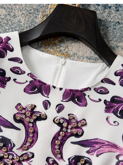 Women Purple Blue and White Porcelain Print Dress Beaded Short Sleeve Loose Straight Summer Casual Midi Dress 2026
