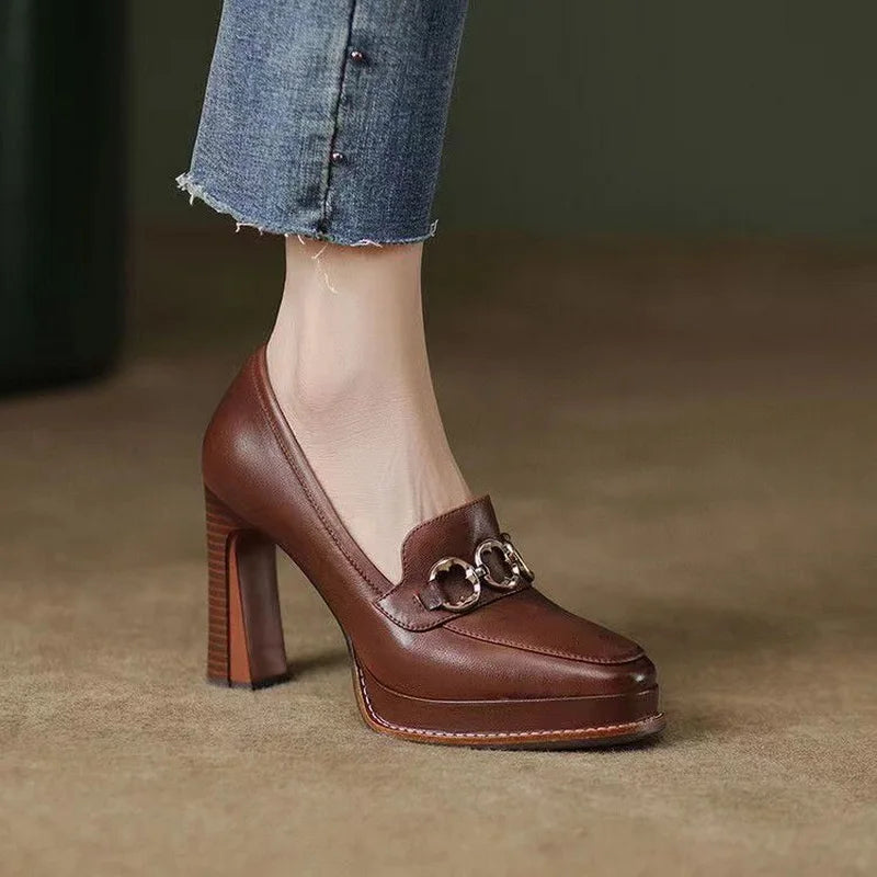 Split Cowhide Leather Shoes,Women Platform Block High Heels,Square Toe, Slip On,Retro Style,Brown,Black,Size 34-39,Dropship