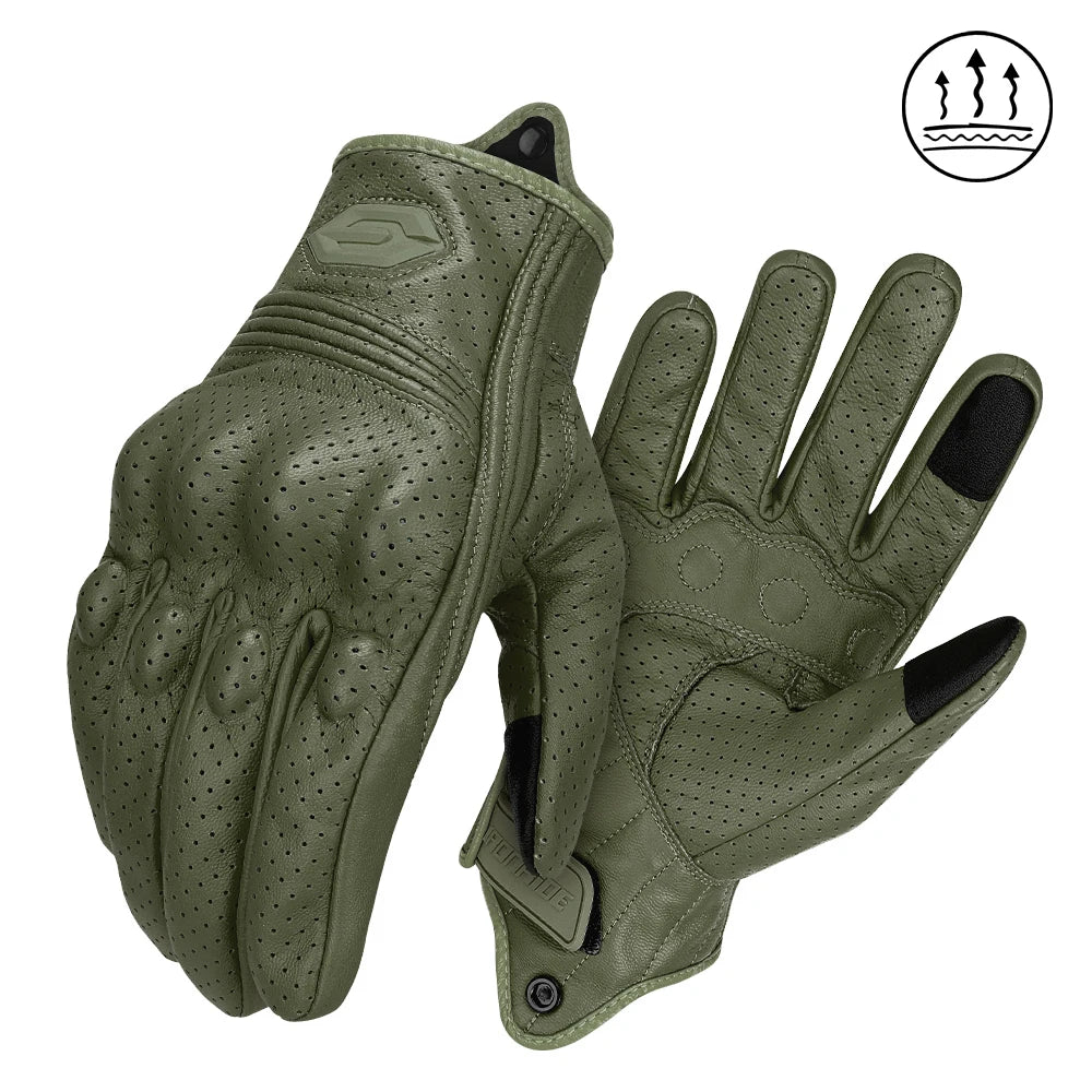 Vintage Leather Motorcycle Gloves Summer Breathable Unisex Biker Gloves With Anti-Slip Ventilation Design Motorbike Ride Glove