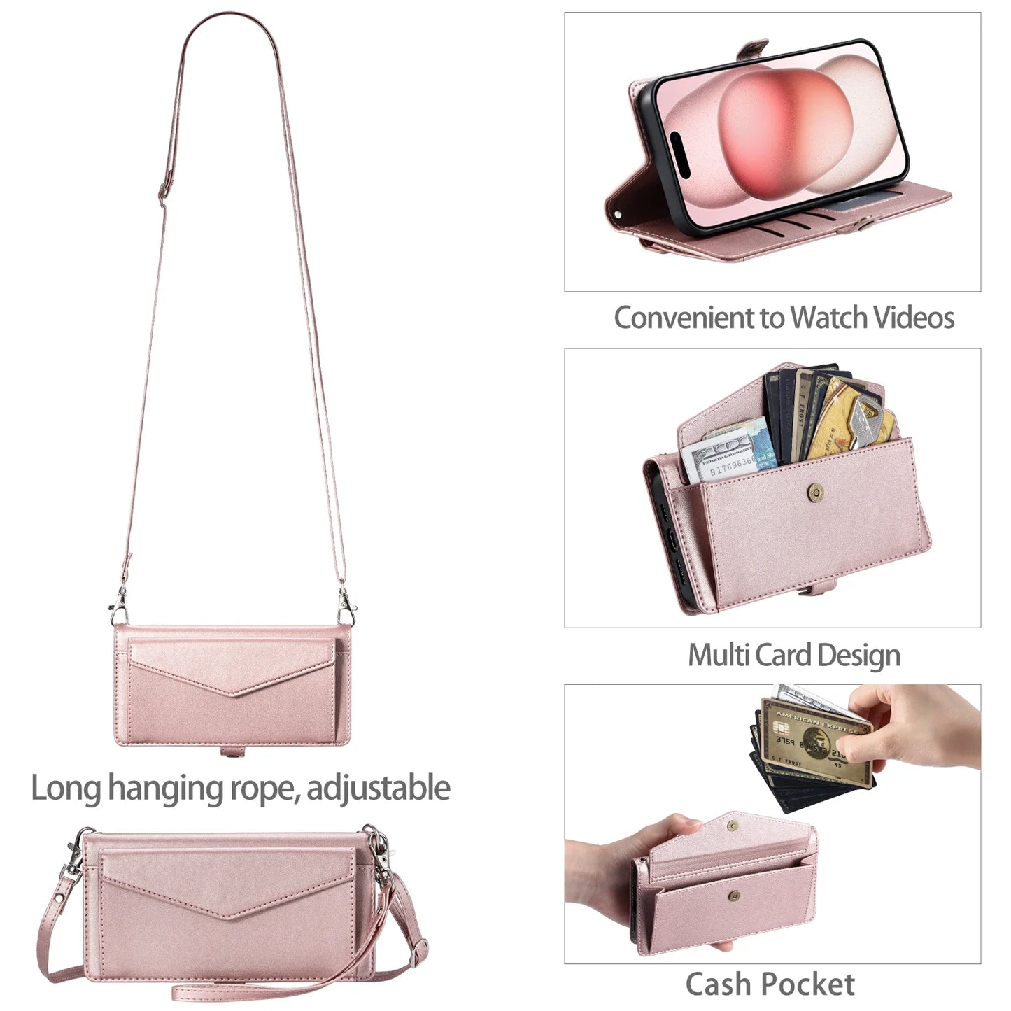 Crossbody Leather Wallet Case For iPhone17 16 Pro Air 16E 15 14 13 12 11 Pro Max XS XR SE 8 7 Card Solt Pocket Shoulder Cover