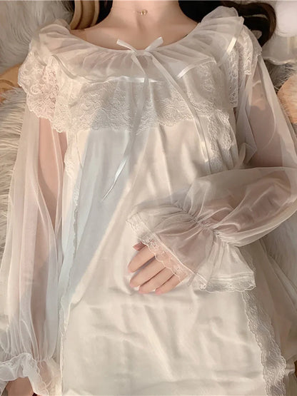 Women Ruffles Vintage Nightgowns Lolita Princess Sleepwear White Lace Mesh Fairy Night Dress Victorian Nightdress Loungewear