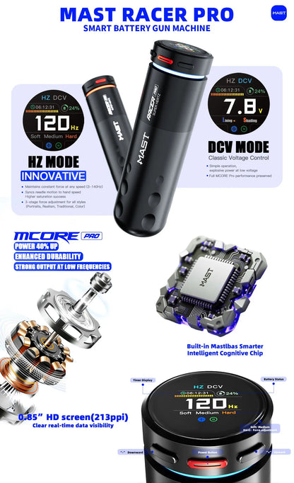 Mast Racer Pro Tattoo Machine Kit Full Set 4.2mm Stroke Wireless Battery Adjustable Power Modes(Soft/Medium/Hard) High Precision