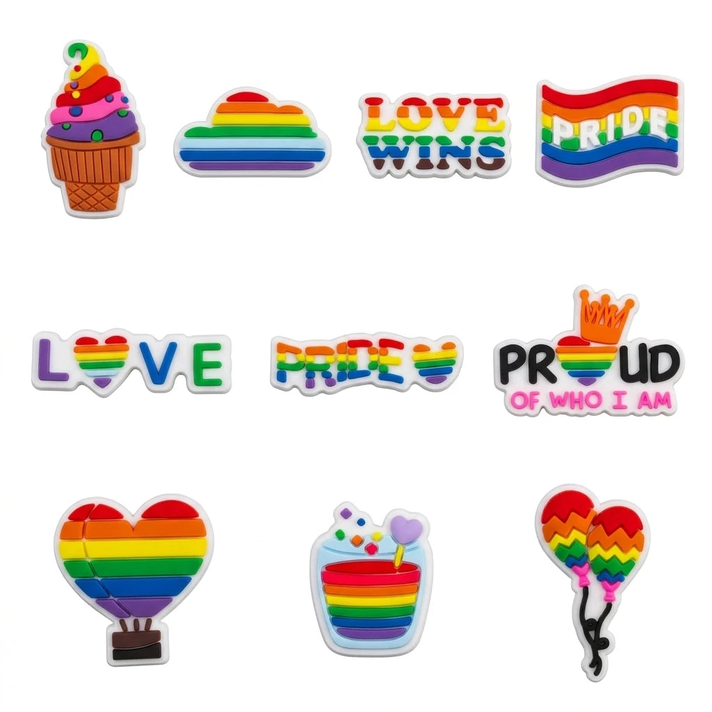 1-10PCS Love Pride Balloon Ice Cream Flag Rainbow PVC Shoe Charms Buckle Clog Fit Wristbands Sandals Shoes Decoration Party Gift
