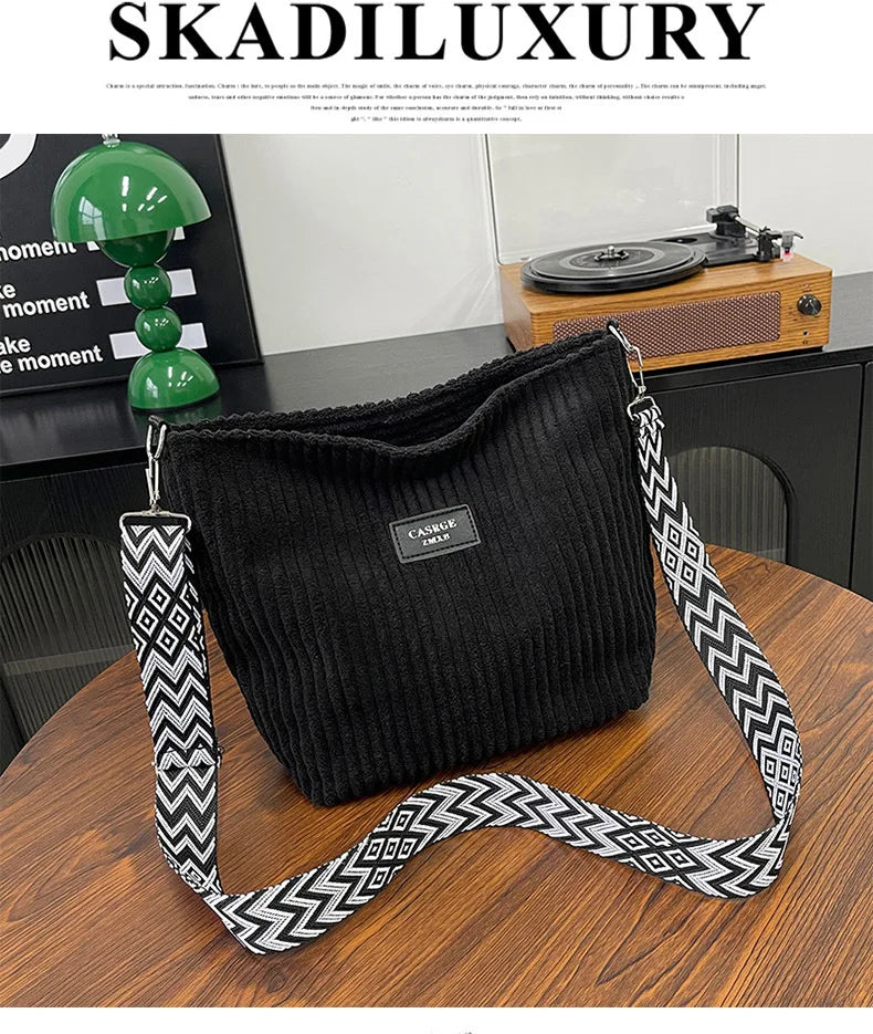 Solid Color Corduroy Messenger Bag Versatile Handbag Women Shoulder Crossbody Bags Casual Chic Bucket Women‘s Bag Bolsos Mujer