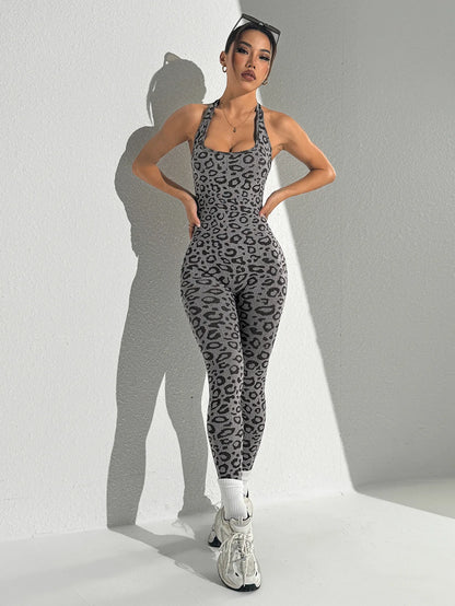 Seamless Leopard Print Jumpsuit Women's Tight Fitting Hanging Neck Jumpsuit Hip Lifting and Sexy Shaping Fitness Yoga Outfit